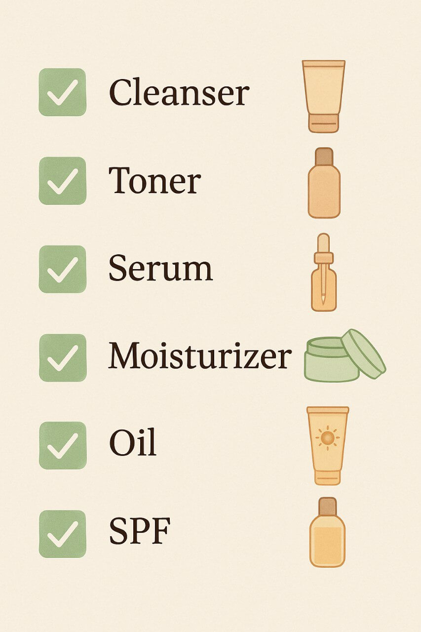 Checklist showing correct skincare order: cleanser, toner, serum, moisturizer, oil, and SPF.