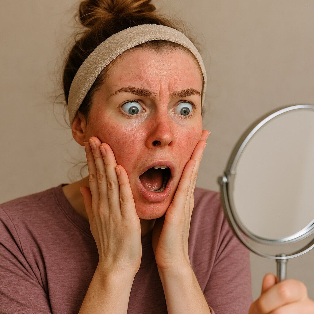 Funny reaction to skincare fail with red, irritated skin and shocked facial expression.