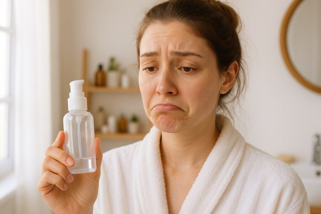 Woman looking regretful while holding an empty skincare product bottle.