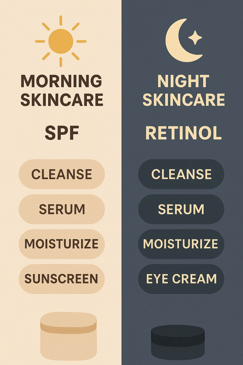 Infographic showing differences between AM and PM skincare steps, benefits, and key ingredients.