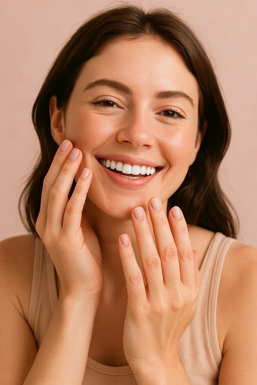 A smiling woman showing off her clean, healthy nails while either holding her face or moisturizing her hands. Uplifting mood with soft lighting, pastel tones, and an emotionally warm, feminine vibe.