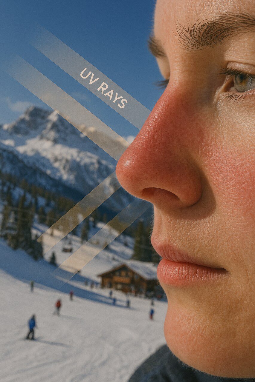 "Snow reflecting strong UV rays causing winter sunburn on face despite cold temperature."