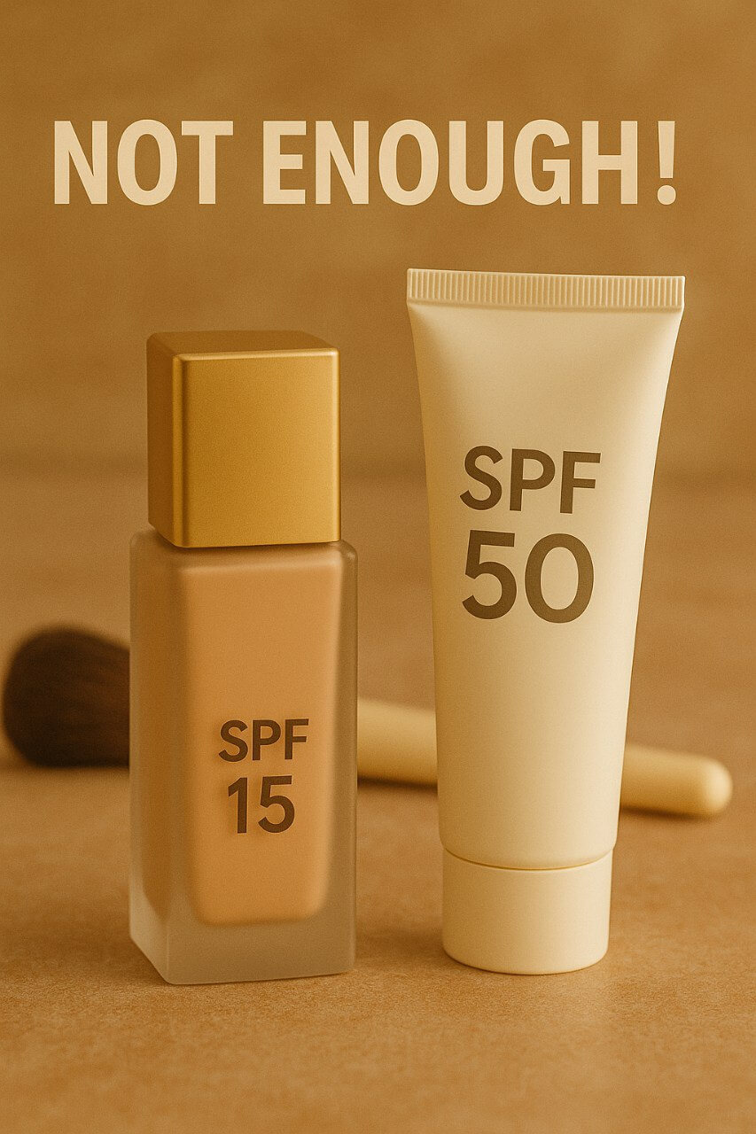 "Flat lay comparing makeup with low SPF and proper sunscreen. SPF in makeup isn’t enough for sun protection."