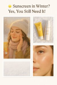 “Young woman applying sunscreen in winter while wearing a beanie and scarf, with glowing skin and snow in the background – skincare and SPF protection concept”