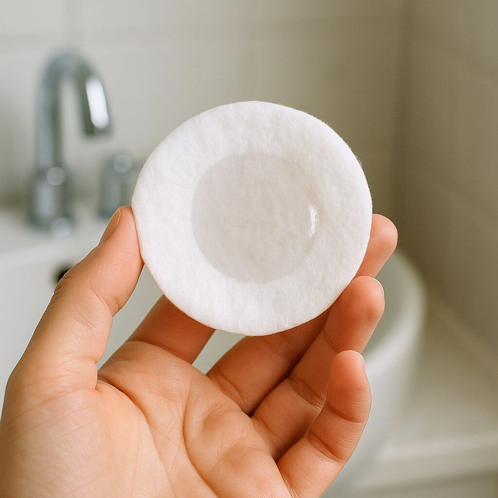 Cotton pad with clear toner, part of daily skincare routine.