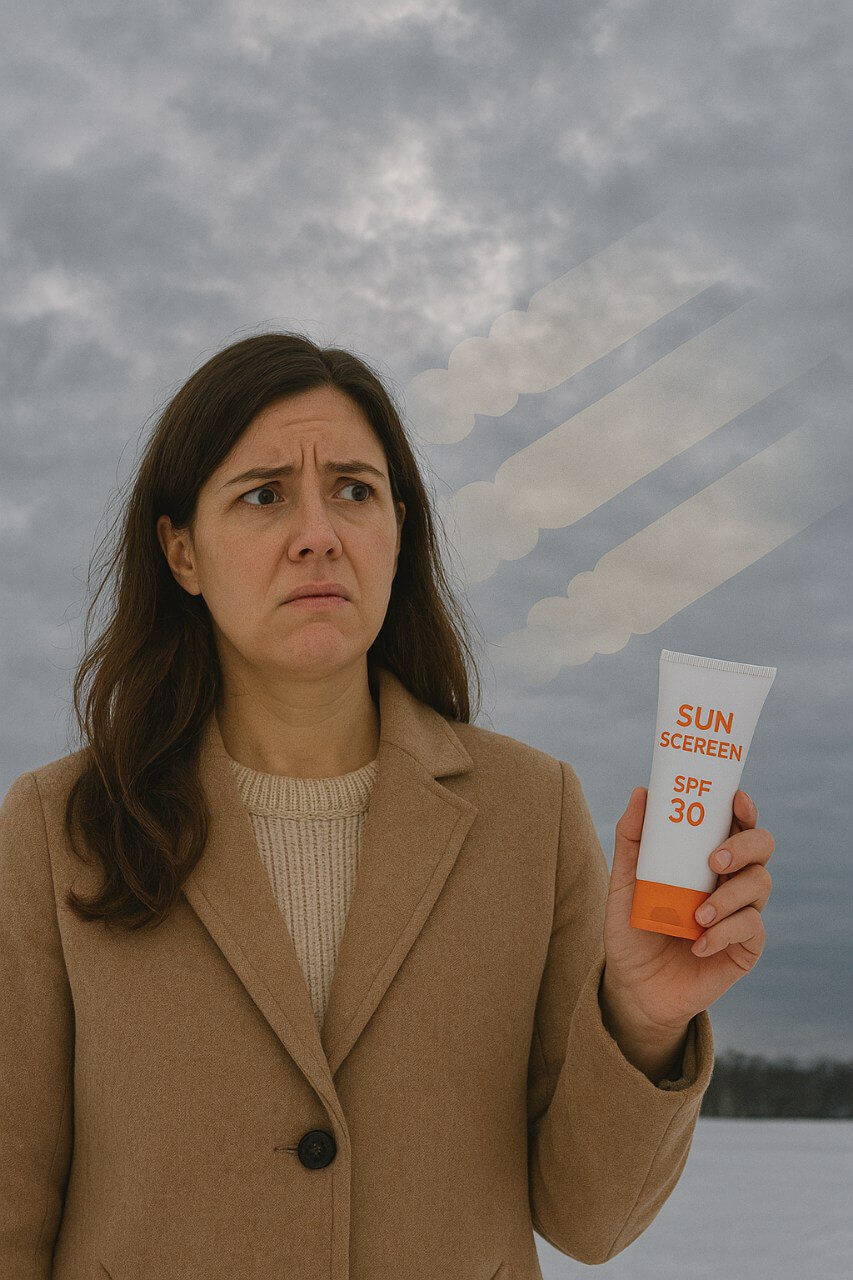 "UV rays passing through cloudy winter sky. Woman unsure if sunscreen is needed."