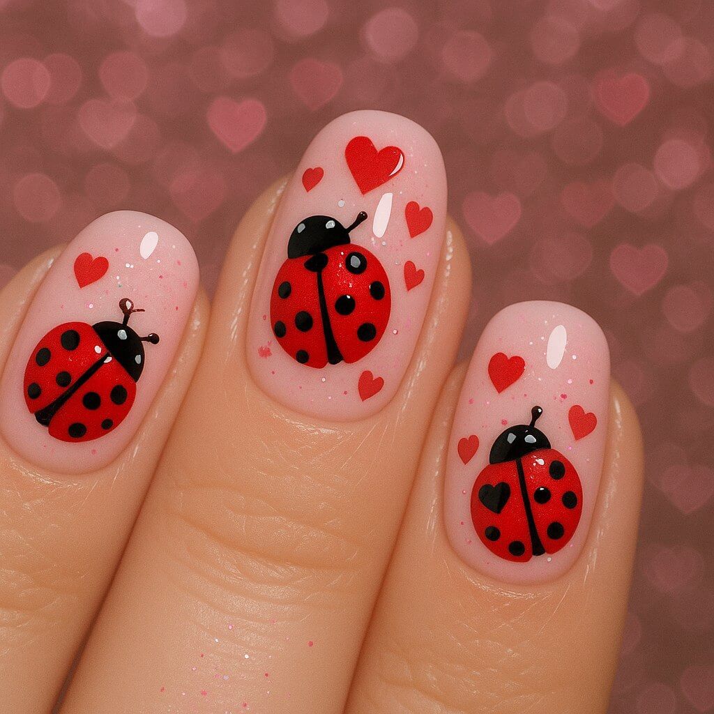 "Romantic nails with a pink base, red ladybugs, and tiny heart shapes, enhanced with sparkles and glitter accents for a flirty Valentine’s Day look in a close-up macro shot." 💕🐞✨💅