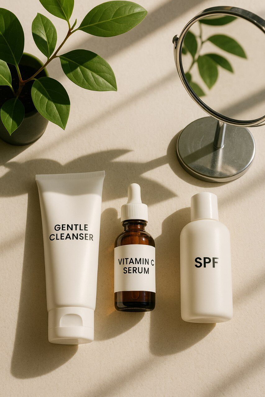 Morning skincare routine with vitamin C serum, SPF, and cleanser under natural light.