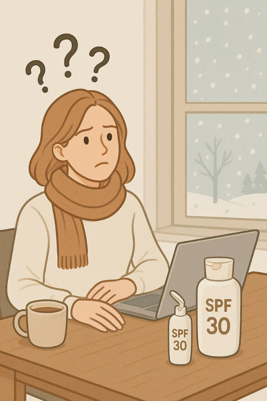 "Woman with sunscreen looking confused about winter sun protection. Common SPF questions during cold season."
