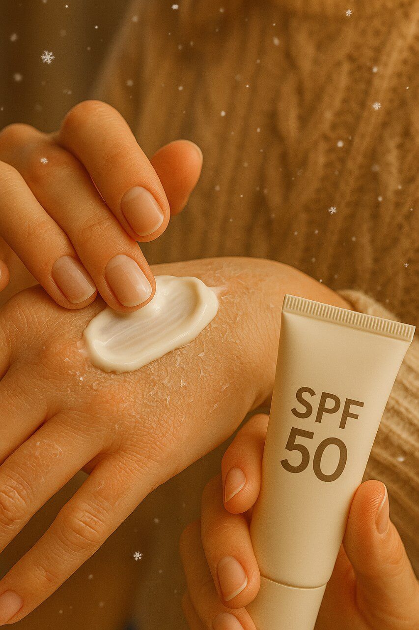 Woman applying moisturizing sunscreen on dry winter skin. SPF as hydration for cold season."
