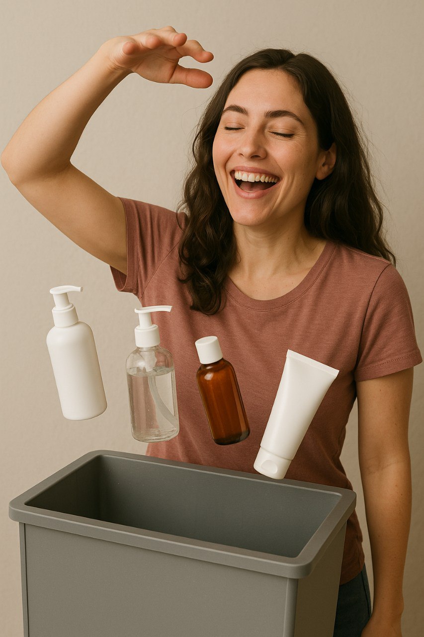 Woman throwing out excess skincare bottles into a bin with a relieved expression, symbolizing a shift to a simpler skin minimalism routine.