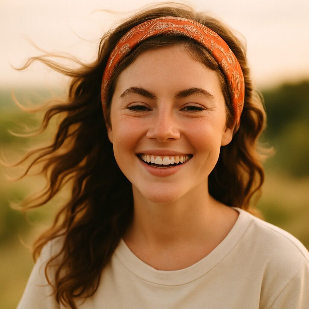 Smiling woman with a bandana tied in her hair, walking outdoors during sunset while holding a coffee cup. Relaxed, carefree vibe with soft golden lighting.
