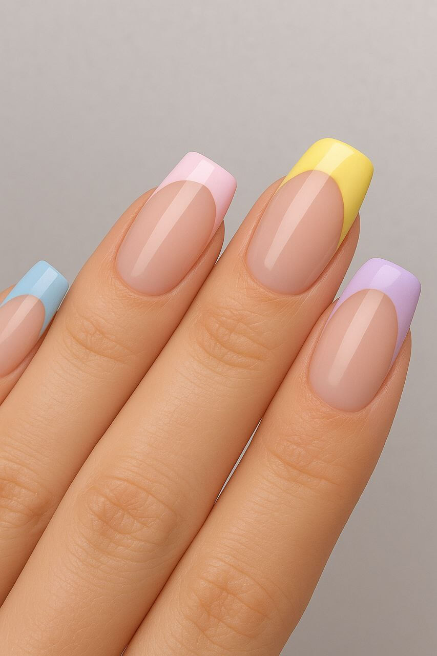 French tip nails with angled and curved tip shapes in pastel colors.