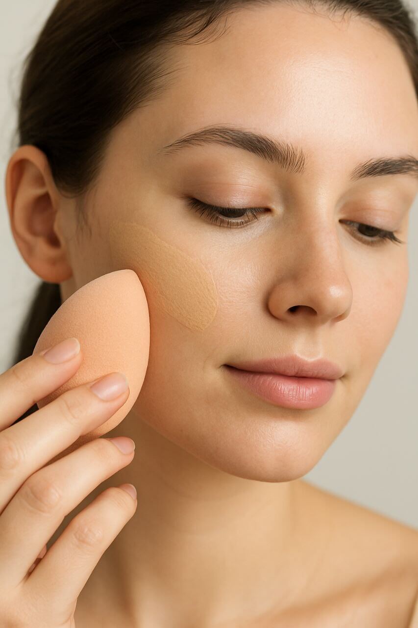 Applying liquid foundation with beauty blender