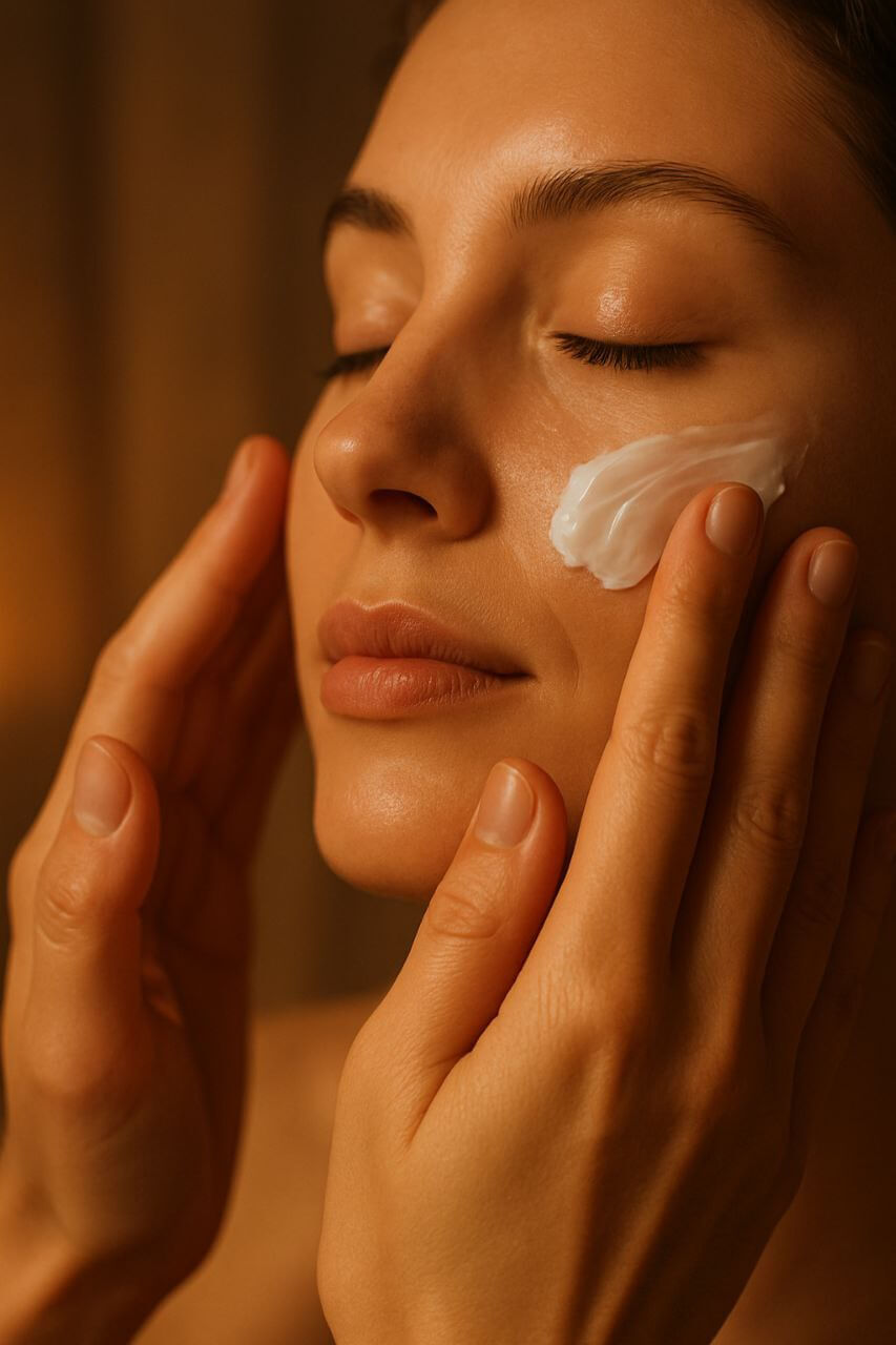 Hands applying moisturizing cream to the face in warm lighting"