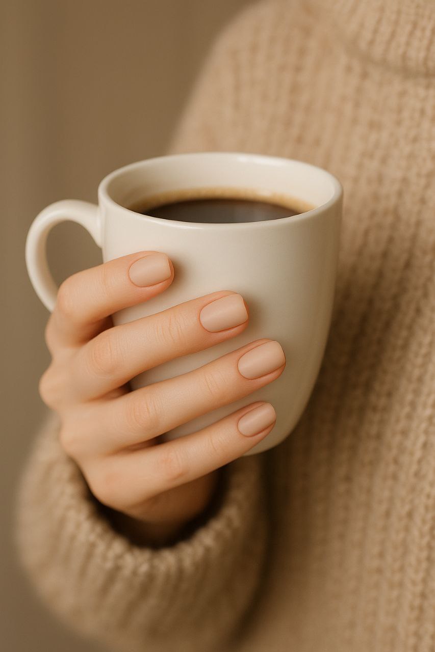 Perfect nude nails on fair skin holding coffee