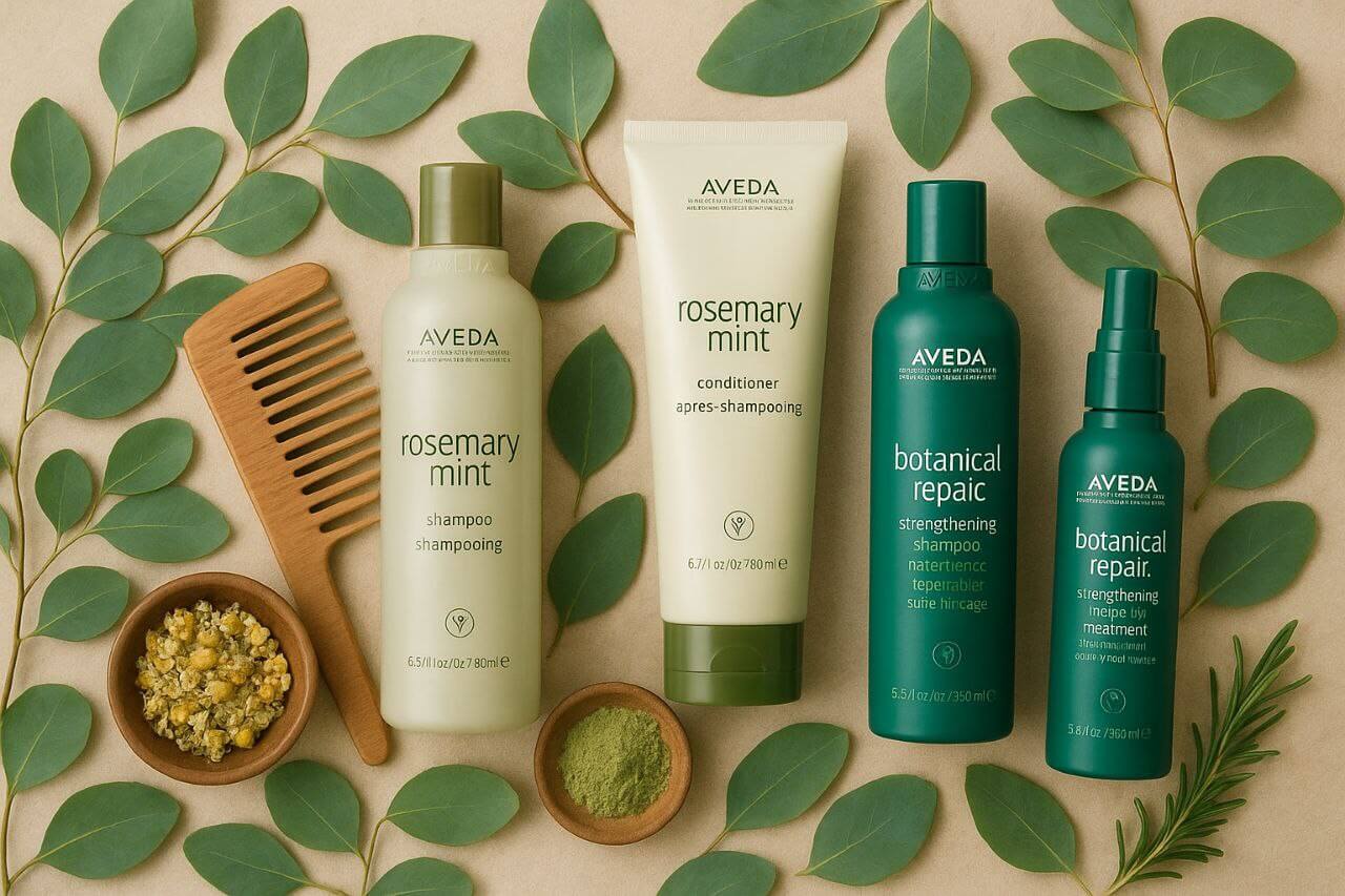 Aveda natural haircare products with green leaves, wooden comb, and herbal ingredients