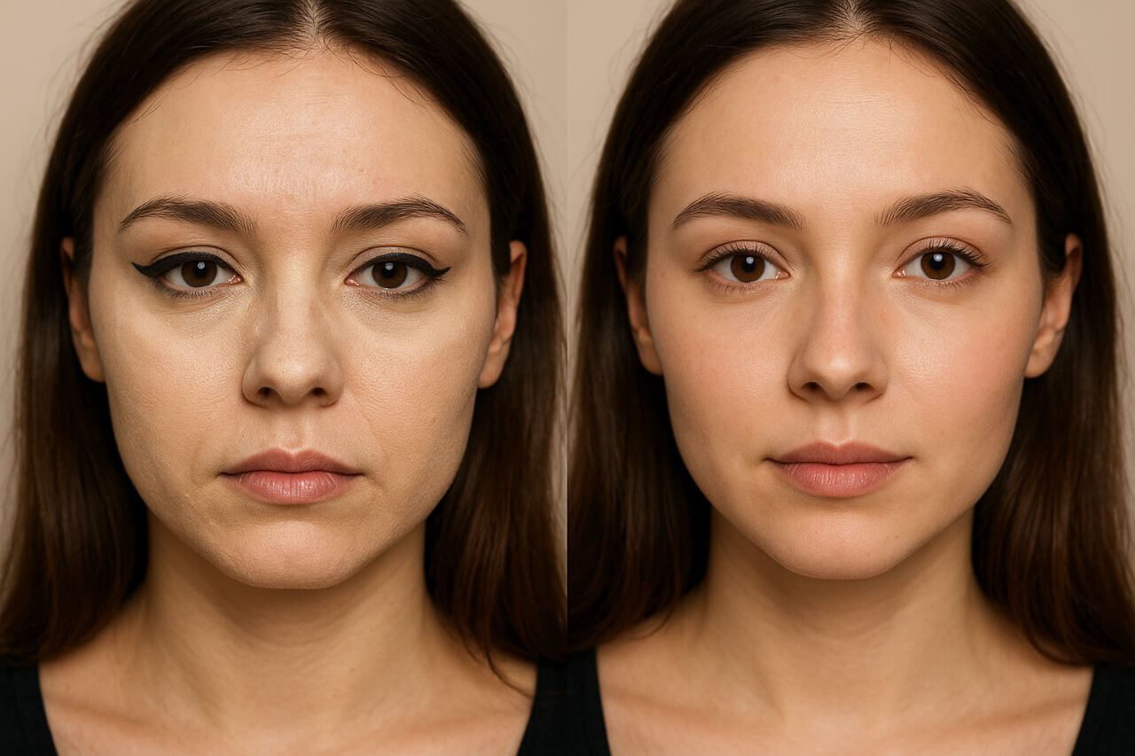 Full face before-and-after showing makeup mistakes vs natural look