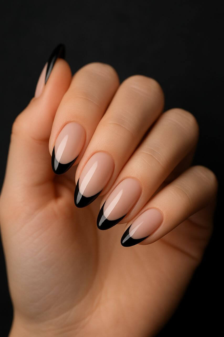 Elegant black French tip nails on almond-shaped nails.