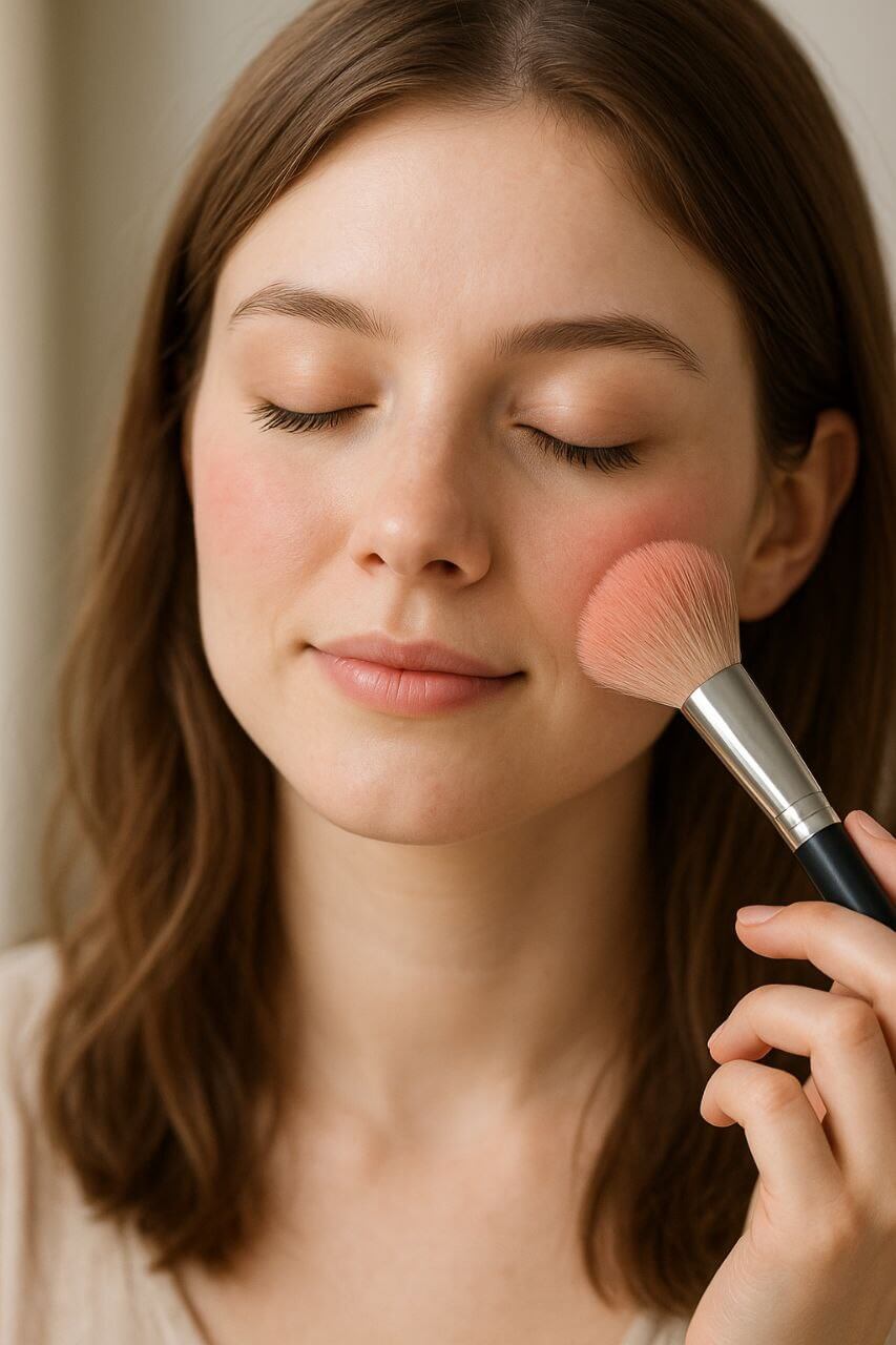 "Rounded blush brush applying pink blush to cheeks"