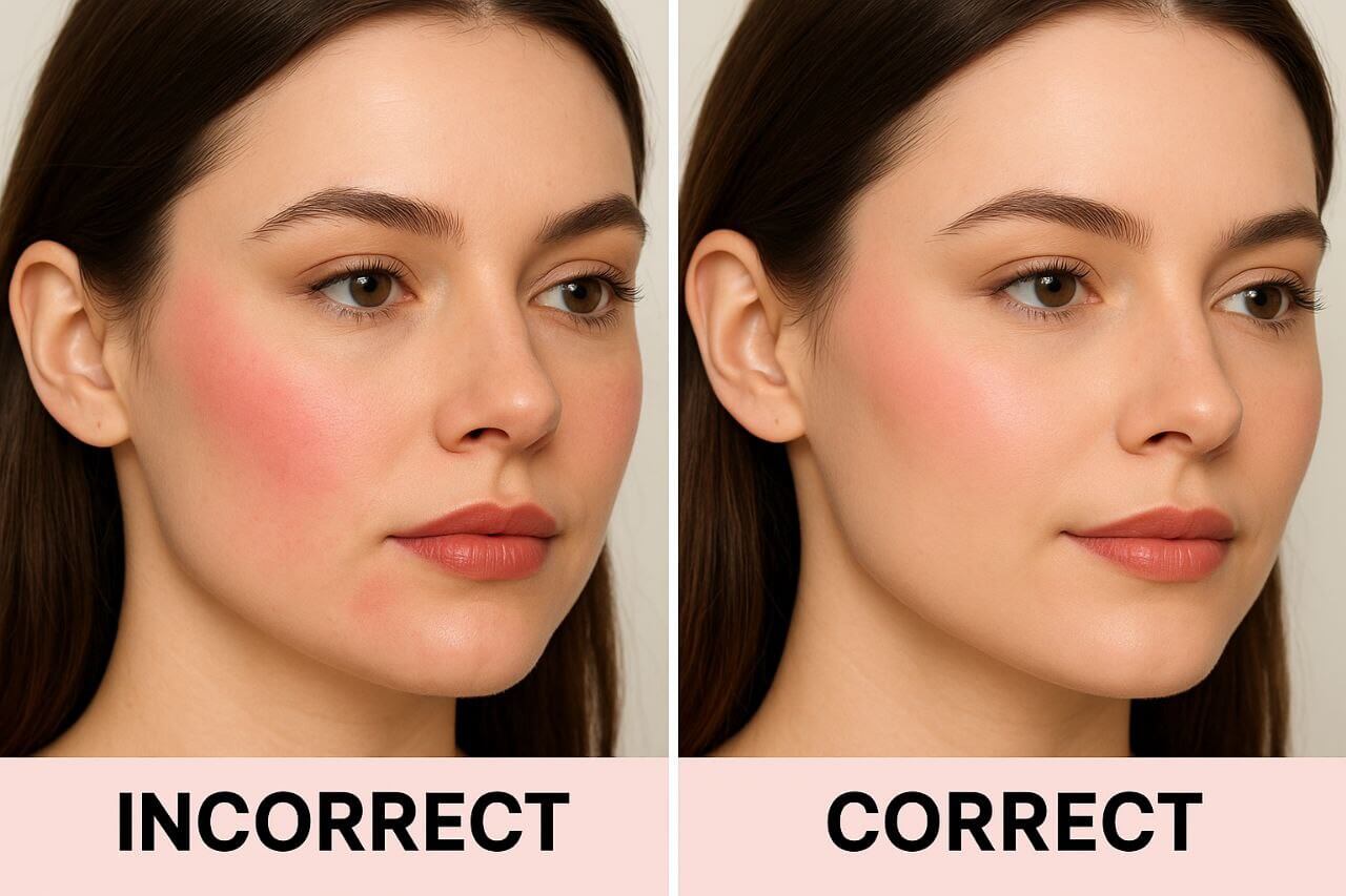 Blush before/after: right vs. wrong placement."