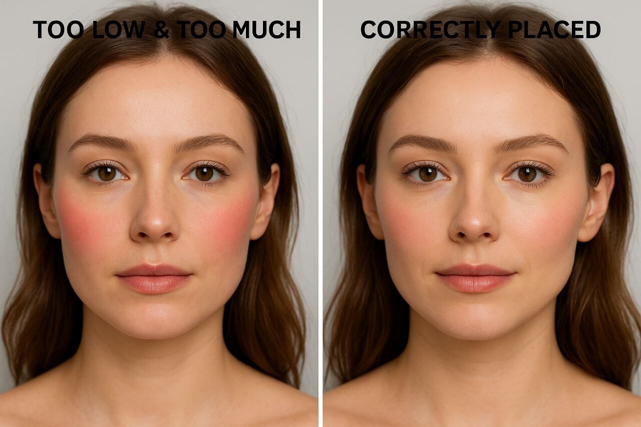 Incorrect blush placement vs youthful cheekbone blush