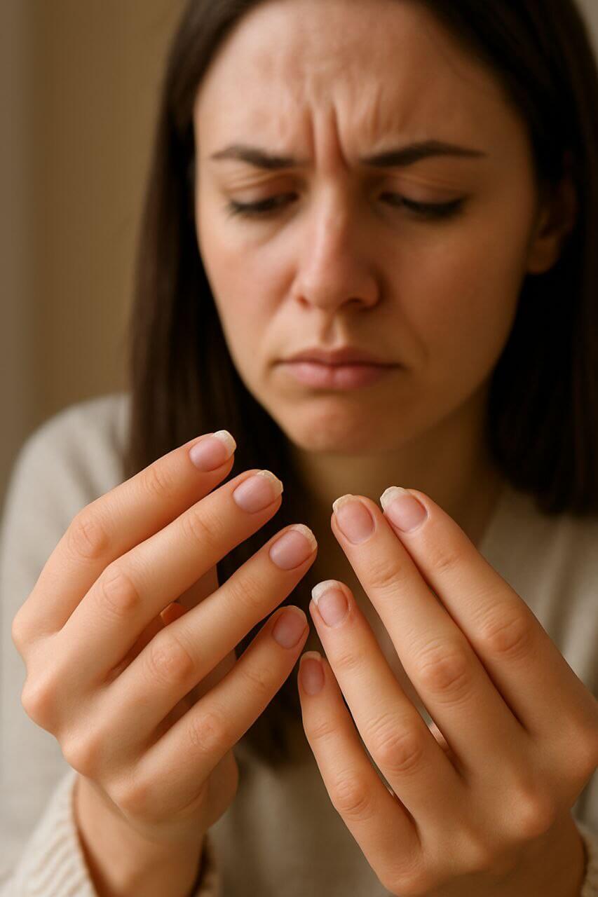 Strengthen Brittle Nails Without Biotin
"Frustrated woman with brittle, breaking nails"