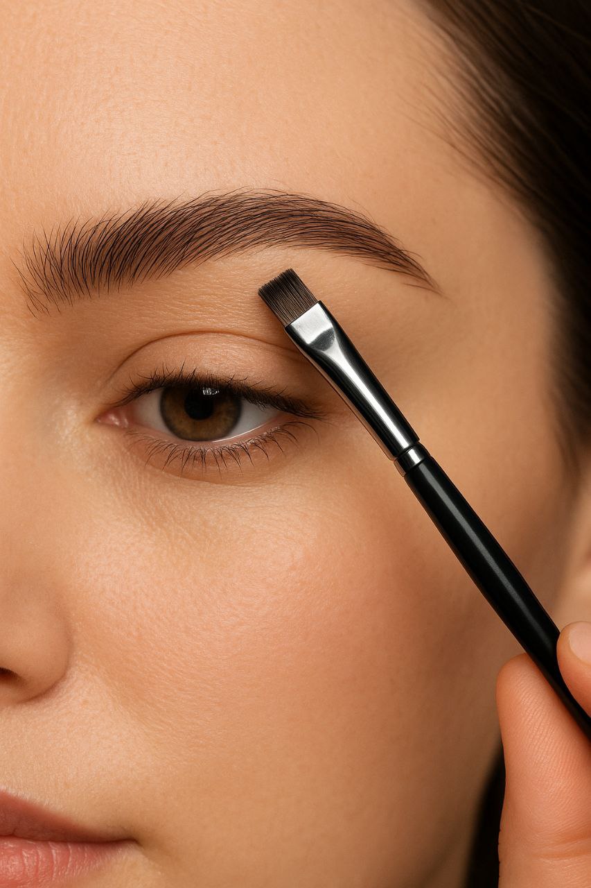 "Dual-ended brow brush and spoolie grooming eyebrows"