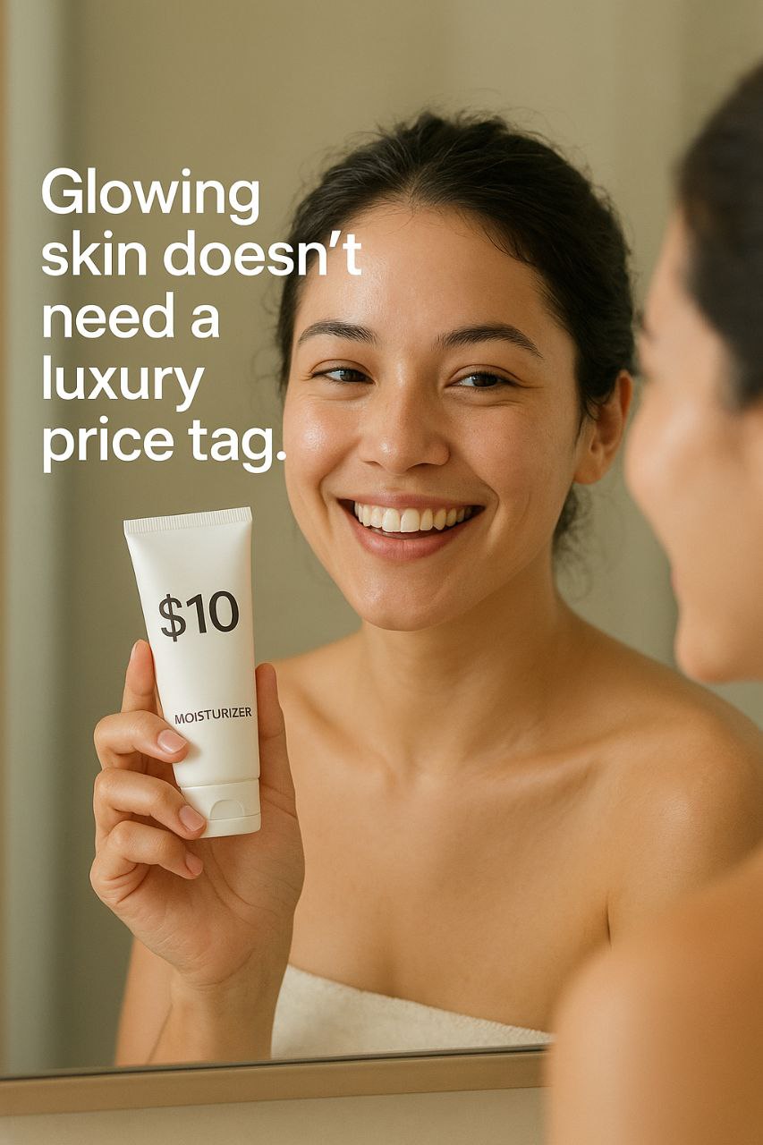 Confident woman with radiant skin using budget skincare."*