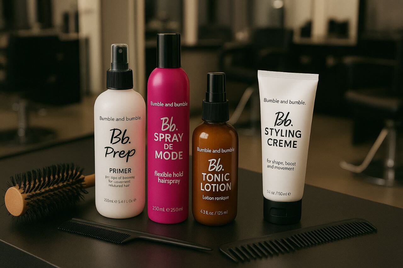 Bumble and bumble hair styling sprays and creams in professional salon setting