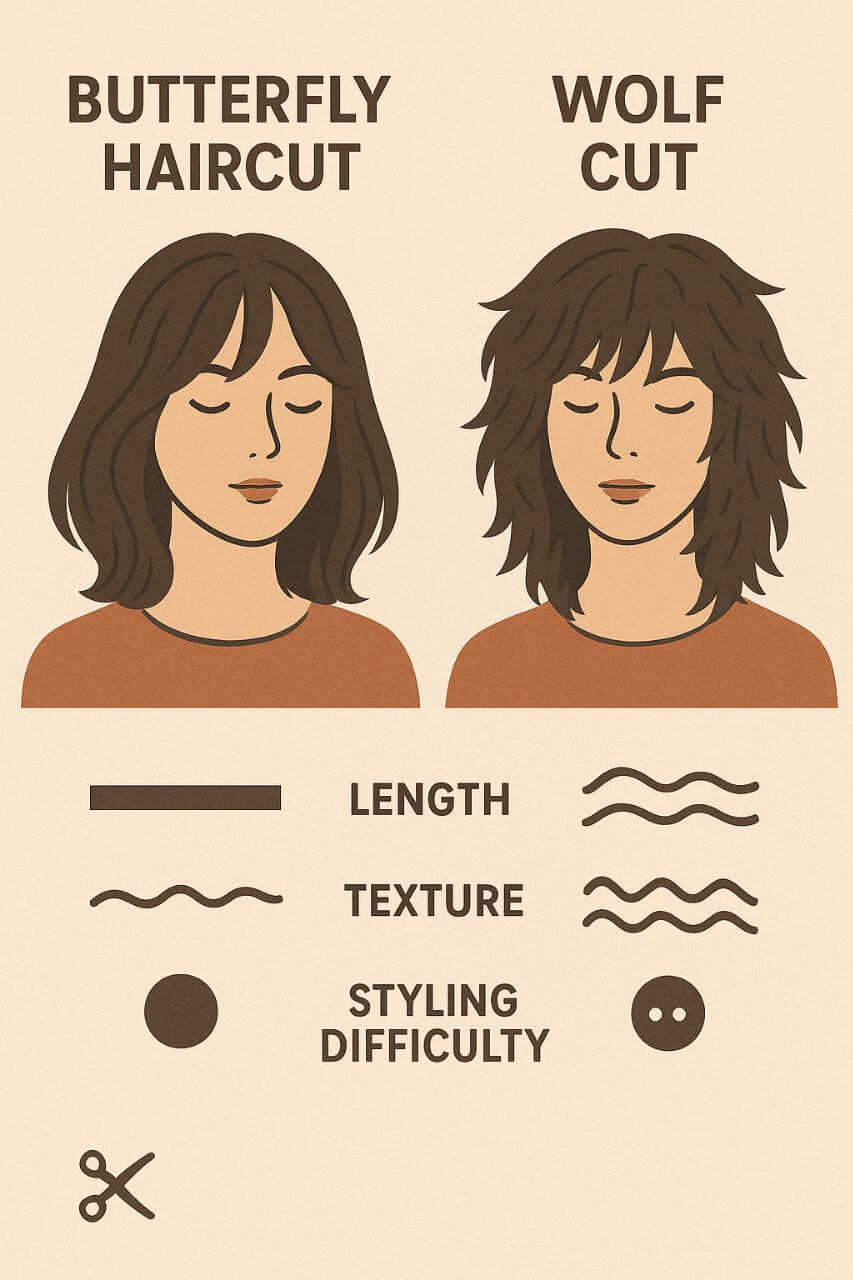 Infographic comparing butterfly haircut and wolf cut features”