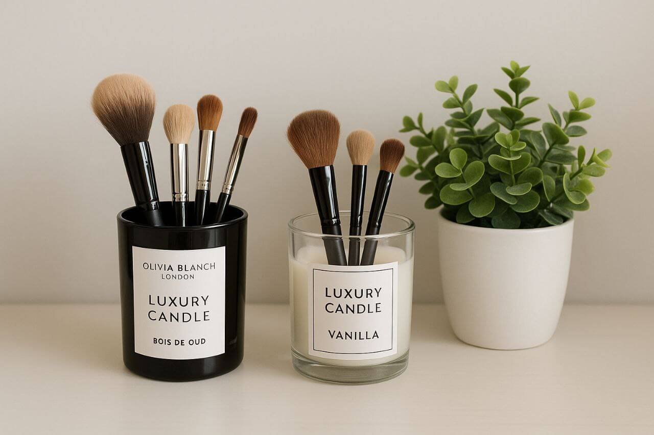 "DIY candle jar brush holders for makeup organization."