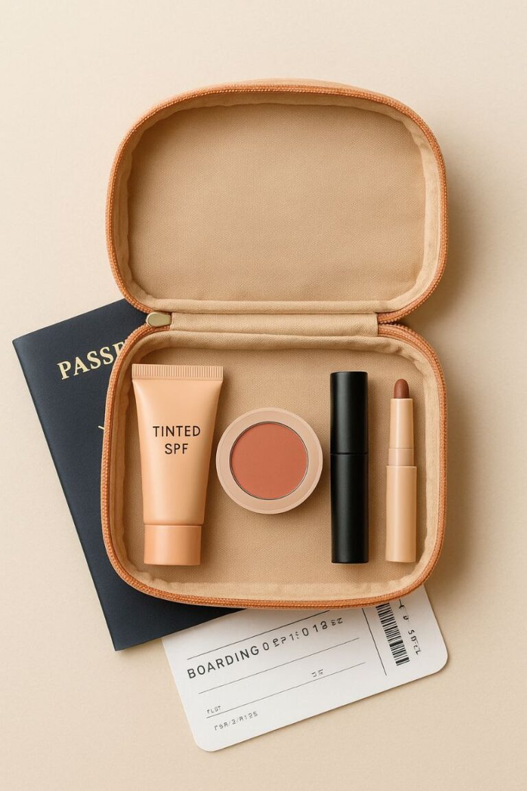 "Capsule makeup bag essentials for travel with tinted SPF and multi-use products."