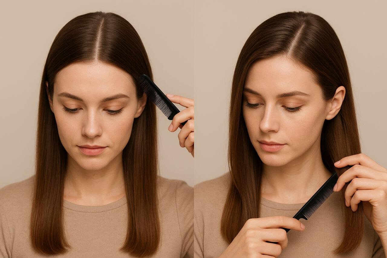 Middle part vs side part hairstyle transformation.