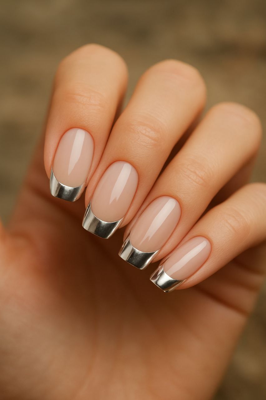 French tip nails with shiny chrome silver tips.