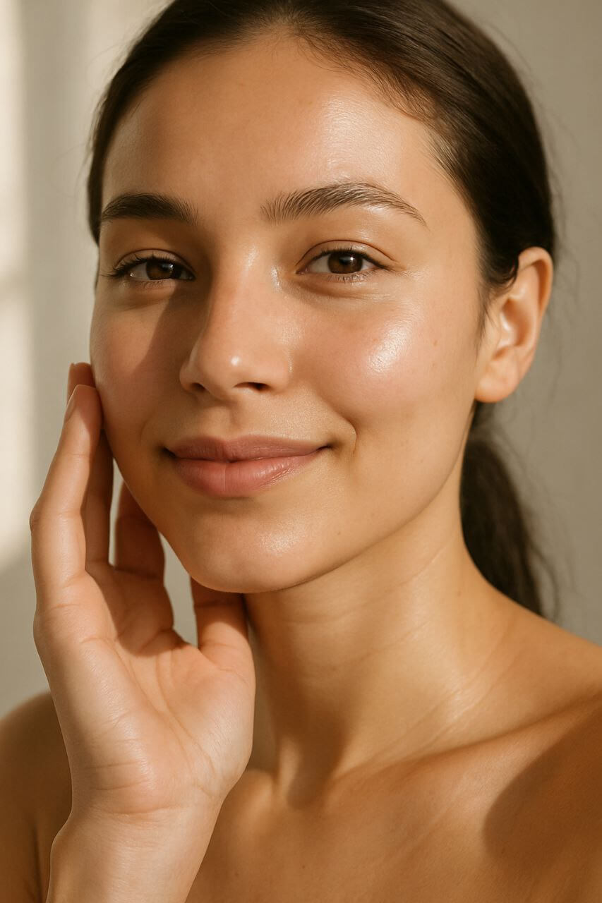 Young woman with clear glowing skin smiling in natural daylight"