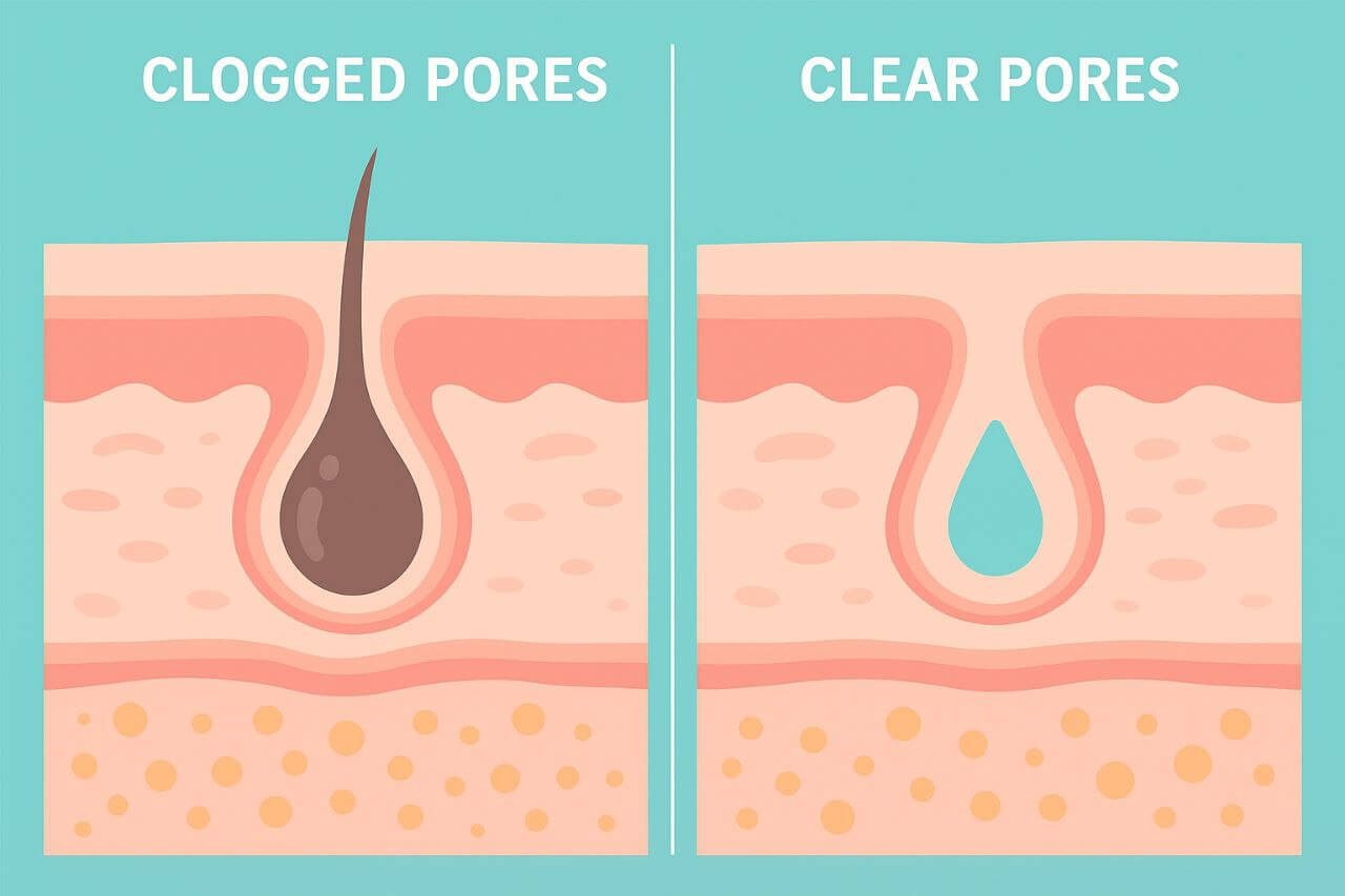 Illustration comparing clogged pores and clear pores for skincare education.