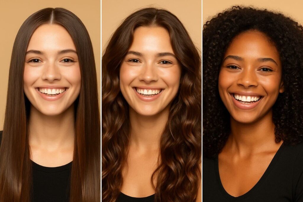 Collage of straight, wavy, and curly healthy hair textures on diverse women