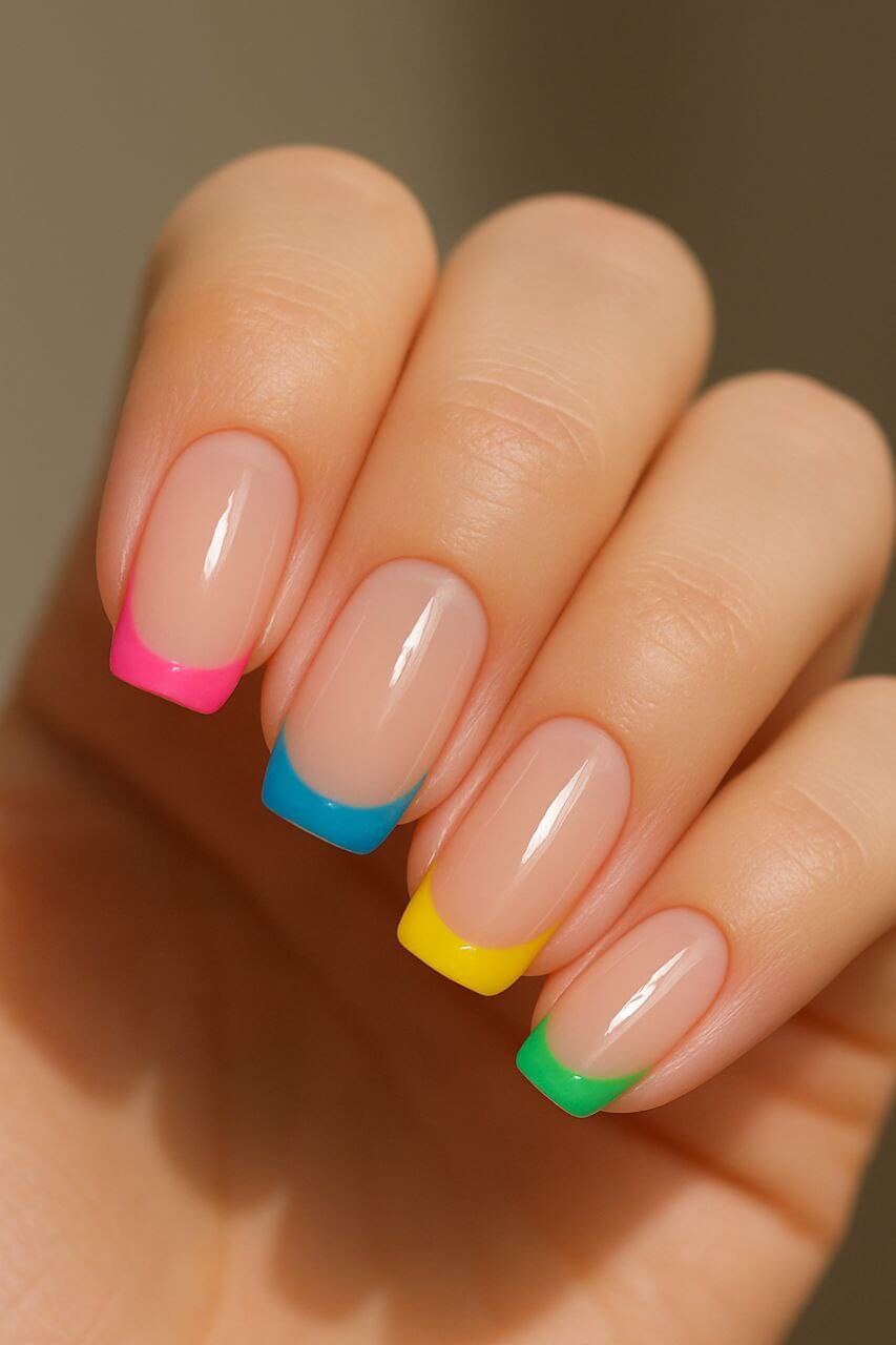 Bright and colorful French tip manicure in pink, blue, green, and yellow tones.
