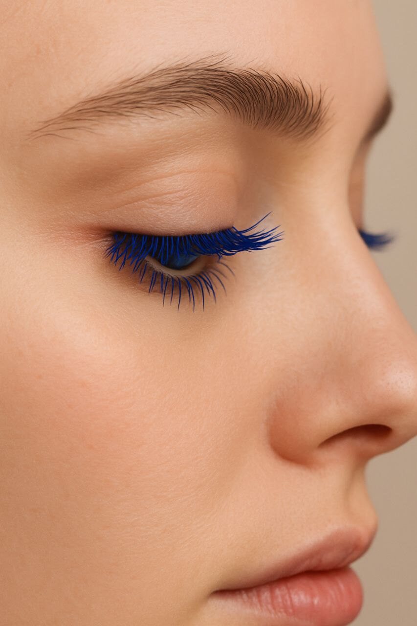 Colored mascara trend in navy blue