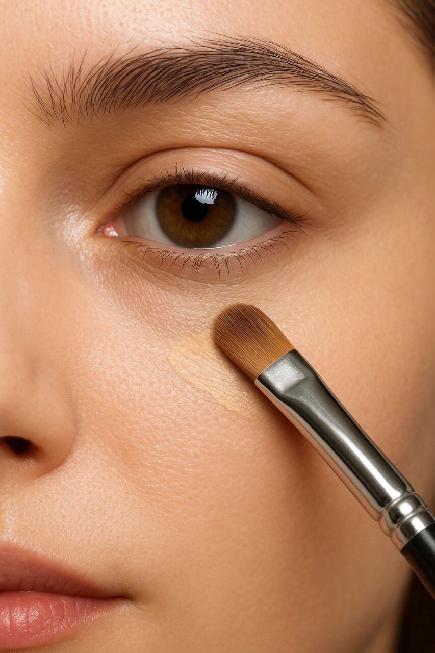 Makeup Brush Types and Uses
Flat concealer brush applying product under the eye"