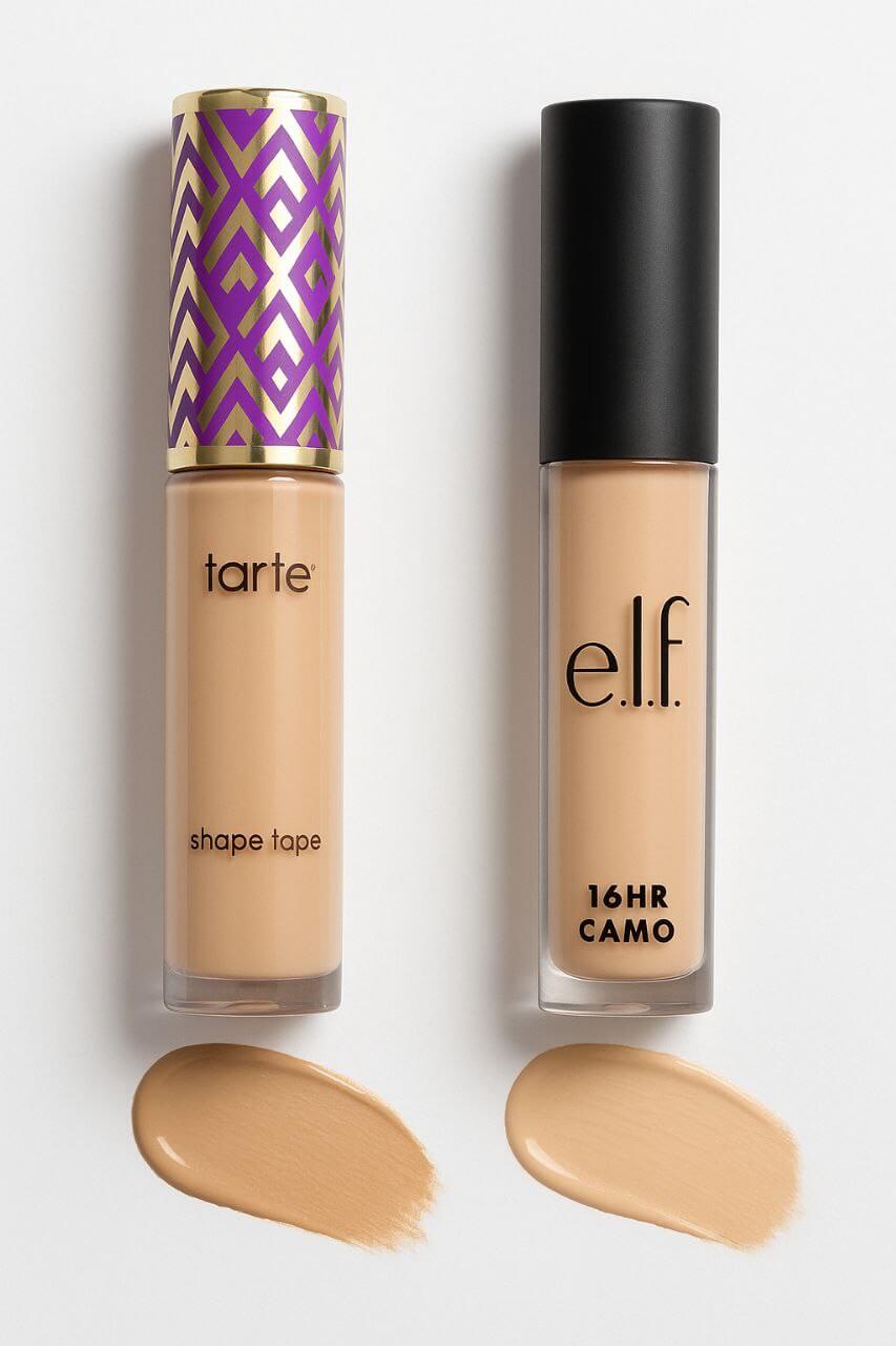Concealer dupe comparison Tarte vs e.l.f."