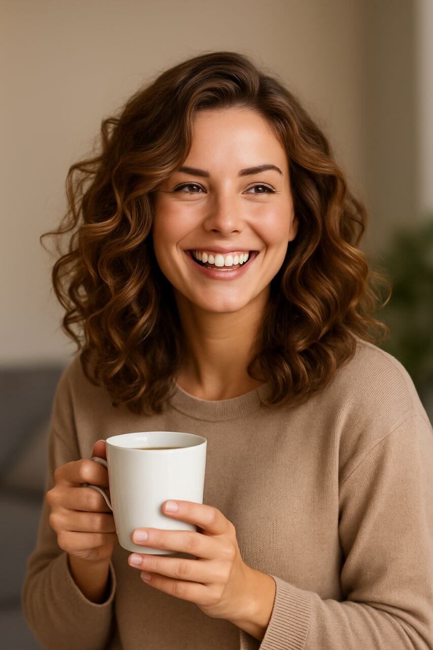 Confident woman with bouncy, refreshed hair smiling.