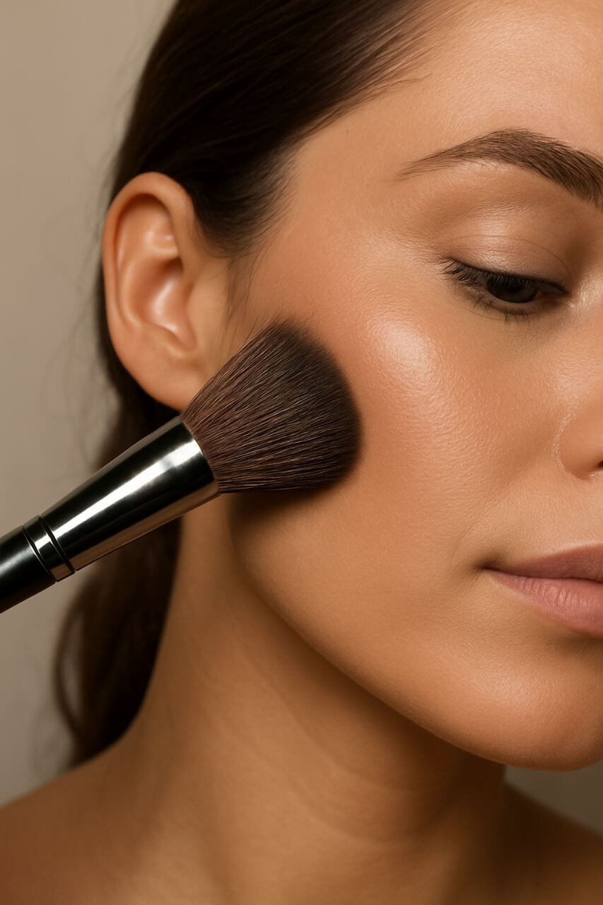 "Angled contour brush applying bronzer for cheekbone definition"