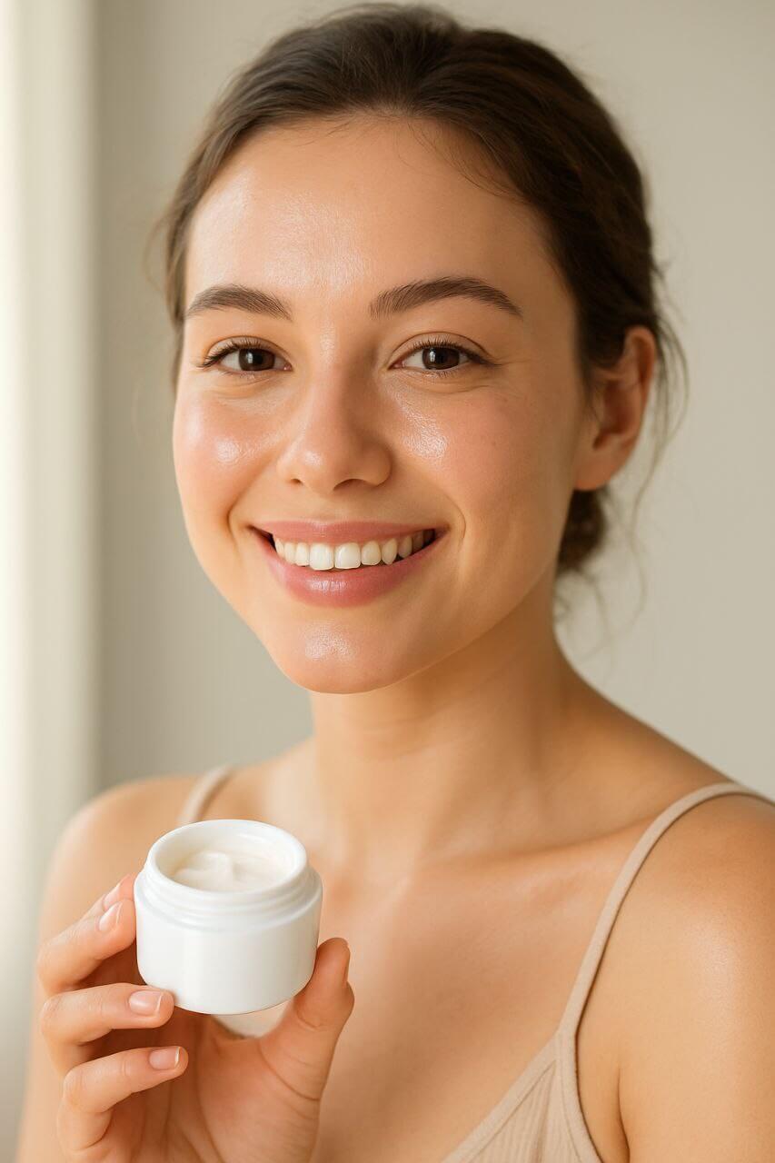 Woman with glowing dewy skin holding moisturizer.
