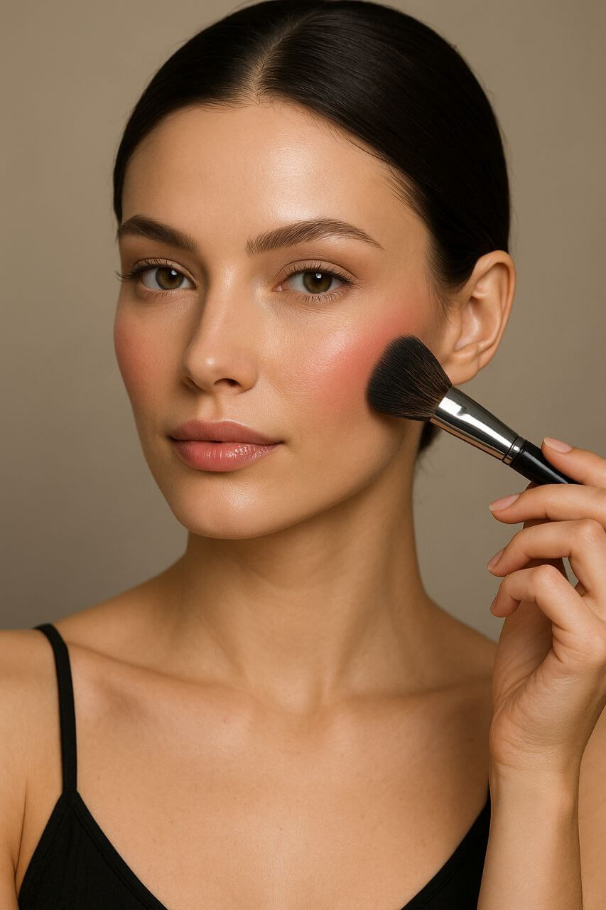 Diamond face blush: top of cheekbones blended down."