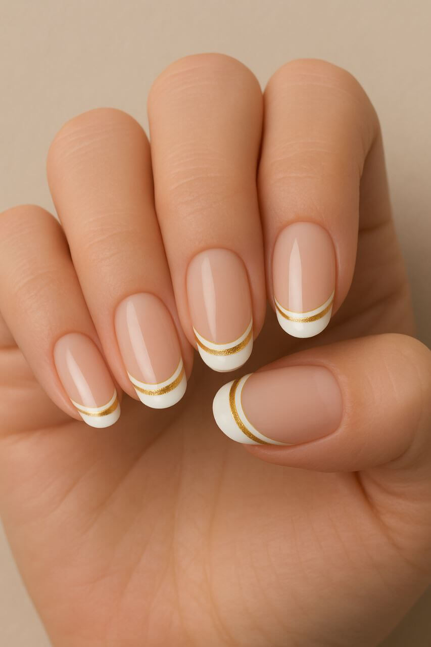 French manicure with two parallel tip lines in gold and white.