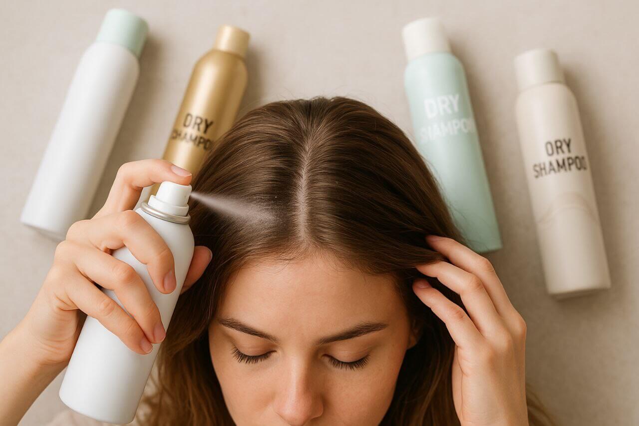 Applying dry shampoo spray to hair roots for freshness.