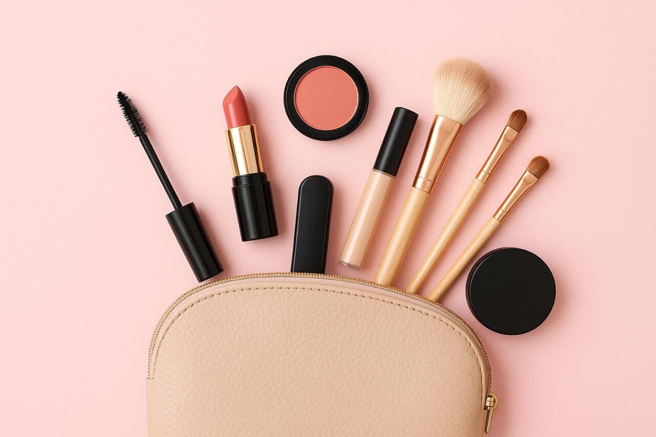 Makeup bag essentials with everyday beauty products