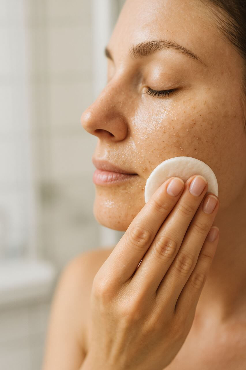 Woman applying gentle exfoliating serum with a cotton pad in the bathroom"